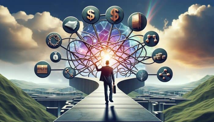 Key Terminology in Debt Consolidation: A Comprehensive Guide | DCL A person confidently navigating a clear path through a complex financial landscape with labeled signposts under a bright sky.