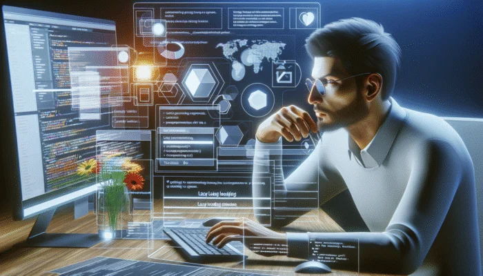 A web developer selecting tools for lazy loading to elevate website performance in a contemporary workspace.