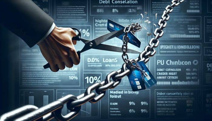 Debt Consolidation for Complex Debt Portfolios | DCL Person cutting high-interest credit card chains, transitioning to a single 10% loan chain, symbolising debt consolidation.
