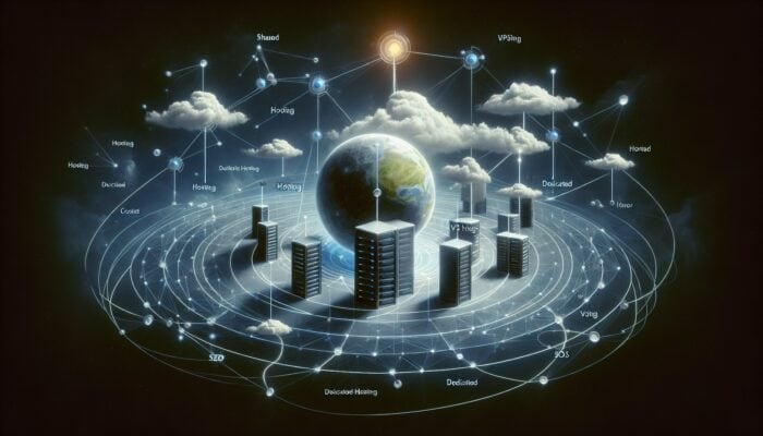 A visual representation of content clusters for SEO, highlighting a central "Web Hosting" theme connected to related topics like "Shared Hosting," "VPS Hosting," and "Dedicated Hosting."