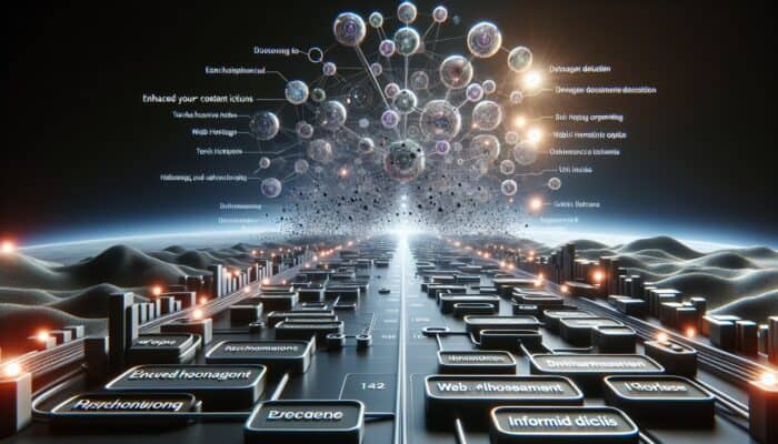 A digital landscape representing interconnected nodes that symbolise a content cluster, guiding users through web hosting options and technical insights.