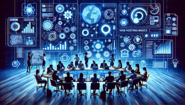 A digital workspace displaying keyword research tools and charts, with a team brainstorming content cluster topics.