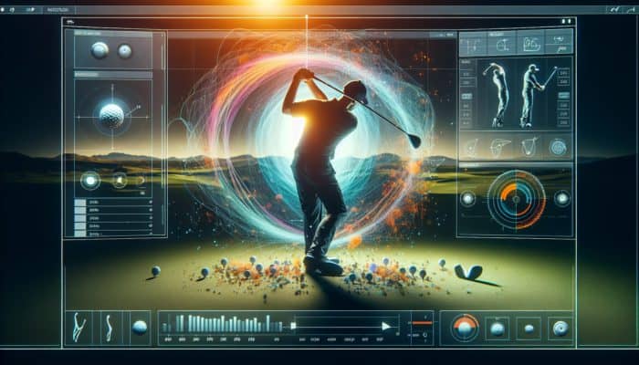 Golf swing analysis software interface showcasing slow-motion playback, drawing tools, and side-by-side comparison features.