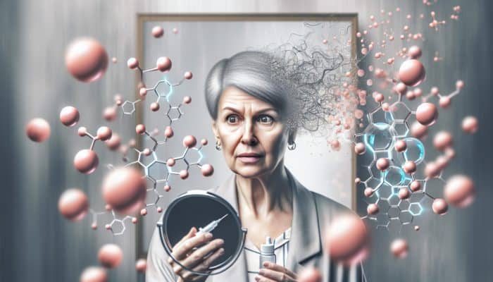 A woman in her 50s surprised at her thinning hair in the mirror, with diminishing estrogen molecules.