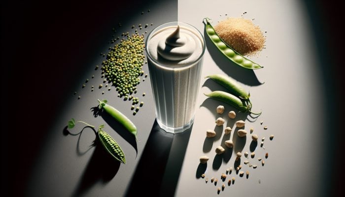 Whey vs. Plant Protein Showdown: A glass of whey protein shake next to plant-based protein sources like peas, rice, and hemp seeds.
