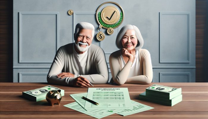 Advanced Debt Consolidation for Retirees: A Comprehensive Guide | DCL Elderly couple at desk with single loan document, surrounded by paid-off debt papers, symbolising debt consolidation and financial relief.