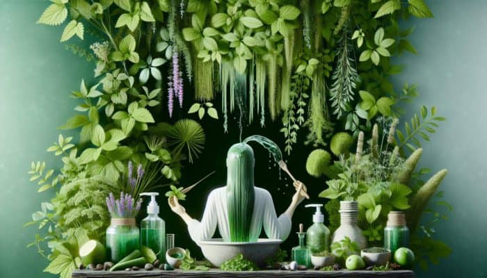 DIY Herbal Hair Rinses: Person applying DIY herbal hair rinse with nettle and rosemary amidst lush greenery, symbolising healthy hair growth.