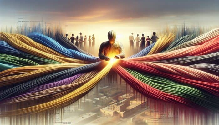 Printable Debt Consolidation Planning Worksheets | DCL Person consolidating debts into one loan, symbolized by merging colourful threads into a golden thread, with financial charts.