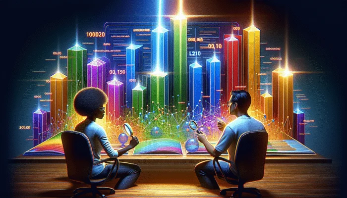 SEO professionals analysing headers with graphs indicating enhanced rankings and user interaction.