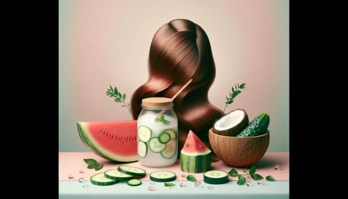 A still life arrangement featuring watermelon, cucumber, and coconut water, surrounded by healthy hair on a pastel backdrop.