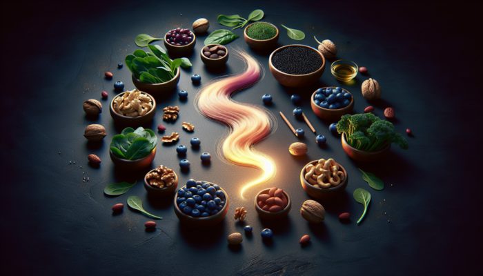 A still life of blueberries, nuts, and leafy greens like spinach and kale surrounding a glowing strand of hair, symbolising hair health.