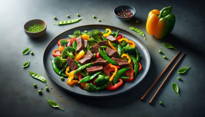 Vibrant keto beef stir fry with succulent beef and crisp vegetables on a minimalist plate.