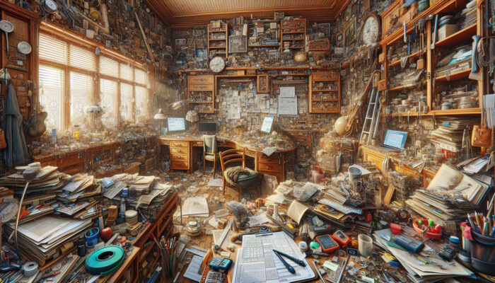 Comprehensive assessment of a cluttered house, evaluating furniture and belongings while formulating a clearance plan with tools.