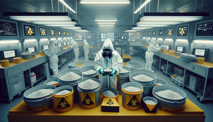 Individual in protective gear managing asbestos, surrounded by labelled hazardous waste containers in a controlled environment.