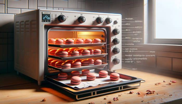 Oven set to 150-160°C with macarons developing skin, showing perfect ruffled feet in humid and dry climates.