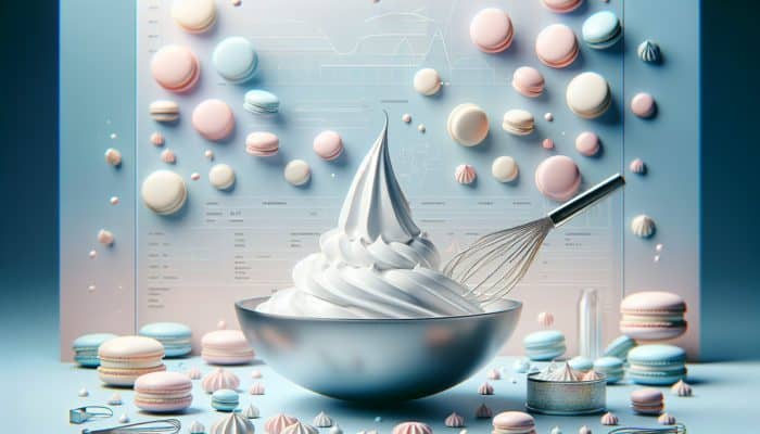 Glossy, stiff-peaked French meringue in a grease-free bowl, with pastel macarons in the background.