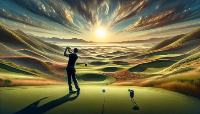 Golfer at Fancourt, South Africa, with wide stance on undulating fairways for stability and control.