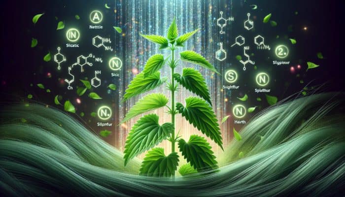 How Nettle Boosts Hair Volume: Lush nettle plant with glowing silica and sulphur icons, symbolising hair vitality and volume.
