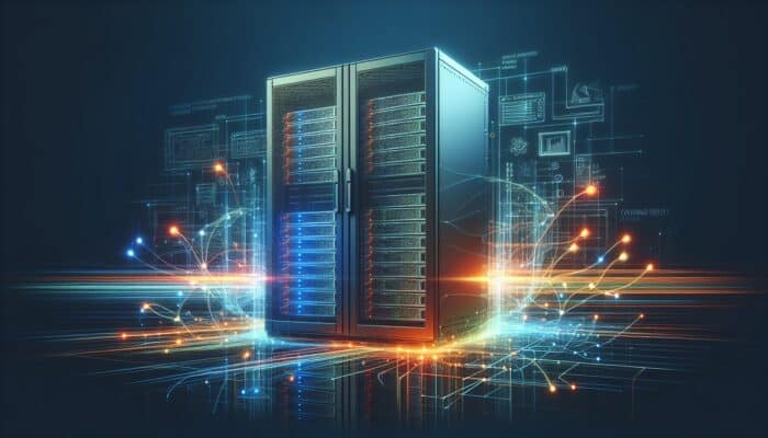 A minimalist bumper ad with a server rack image and swift animations highlighting connectivity, symbolising effective hosting services.