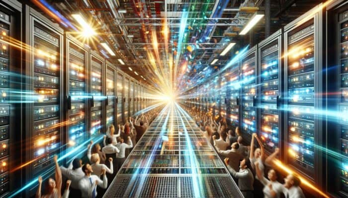 A vibrant server room with flashing lights and rapid data streams, symbolising speed and efficiency, alongside images of satisfied customers celebrating success.