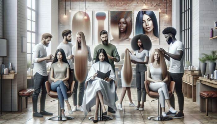 Diverse group receiving personalised hair consultations, showcasing healthier, vibrant hair post-treatment.