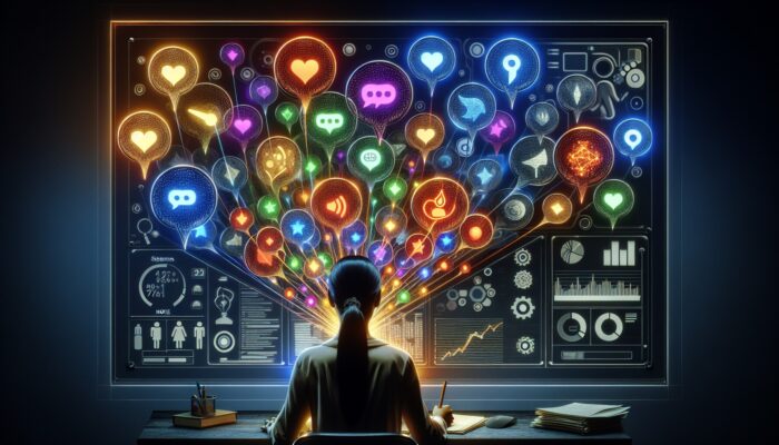 A person scrutinising user feedback bubbles on a digital interface, distinguishing valuable insights from irrelevant comments.