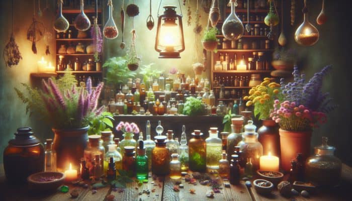 A mystical apothecary with potent herbs like St. John's Wort, labelled for safety under a soft lantern glow.