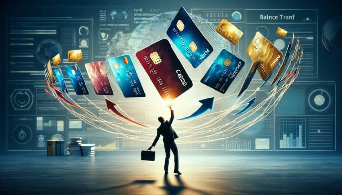 An individual juggling credit cards, transferring balances to a new card with lower interest in a professional setting.