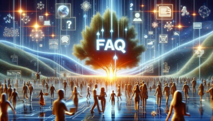 Utilising FAQs in Content Marketing: A glowing FAQ section on a digital landscape, surrounded by happy, diverse website visitors.