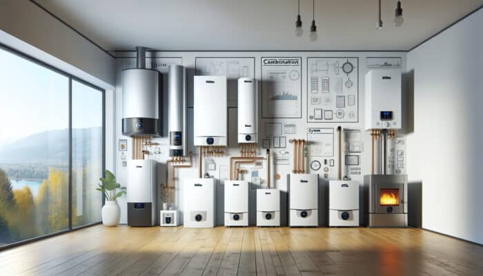 Boiler Services in Chilliwack: A modern showroom in Chilliwack displaying various boiler types with detailed labels and a cozy ambiance.