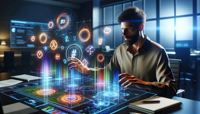 A digital marketing professional analysing trending hashtags on a futuristic display featuring SEO graphs and vibrant data visualisations in a contemporary office setting.