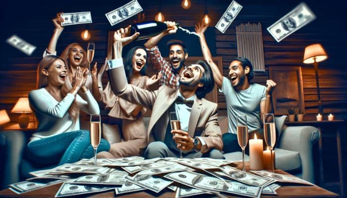 Person celebrating debt milestone with champagne, surrounded by paid bills and cheering friends in a cosy living room.