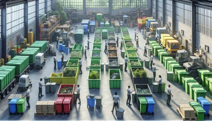 A house clearance team sorting garden waste into labelled bins at a recycling facility, emphasising eco-friendly practices.