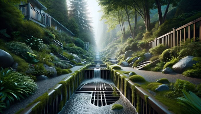 A detailed view of an outdoor drainage system in West Vancouver managing heavy rainfall, ensuring safety and preventing flooding.
