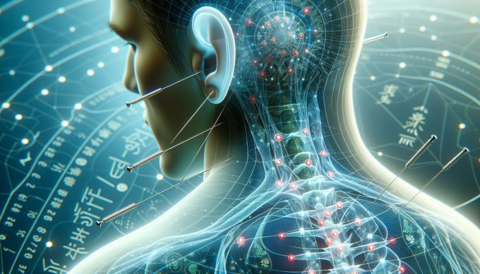 Acupuncture session with needles on ear and stomach, meridian charts illustrating appetite control points.