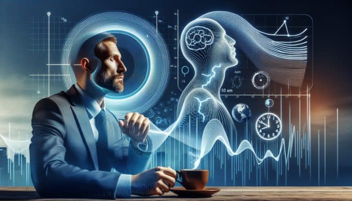 Person drinking coffee at 10 AM, energized, with graphs of metabolic rates and circadian rhythms.