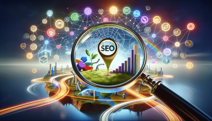 Top SEO Agency in Yeovil, Somerset: A magnifying glass highlighting "SEO" and "ESSENTIAL" amidst icons of business growth and search rankings.