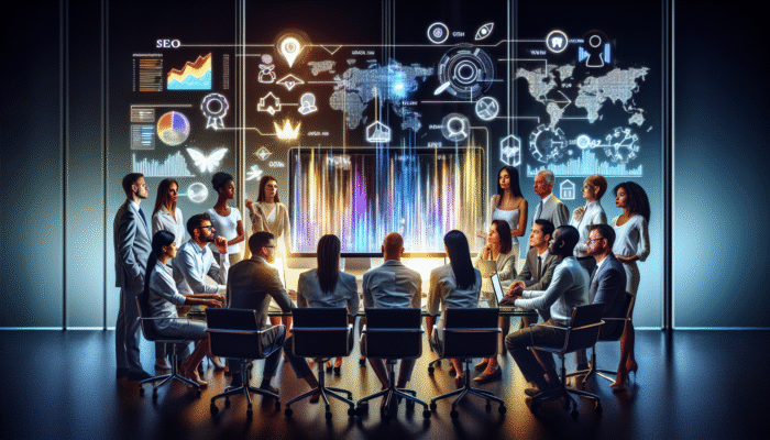 A team of professionals analysing SEO metrics on a computer screen in a contemporary office environment.