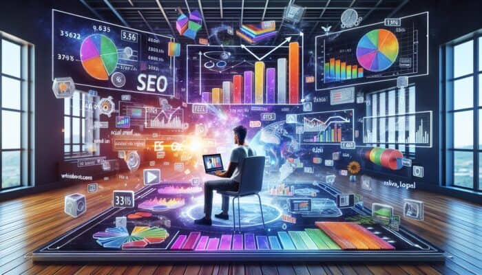 Person watching video on laptop with SEO graphs, illustrating video as social proof for SEO enhancement.