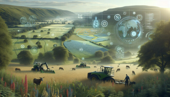 UK countryside scene with experts using eco-friendly tools for remote land clearing, surrounded by lush greenery and wildlife.