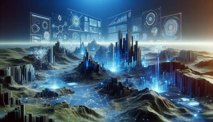 Harnessing AI for Link Building: Futuristic digital landscape with AI optimising SEO, enhancing data analysis, and automating link building.
