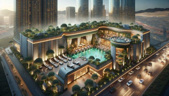 The Spa at Aria, a luxurious retreat in Aria Resort & Casino, featuring natural stone and wood, provides rejuvenating treatments in a serene environment.