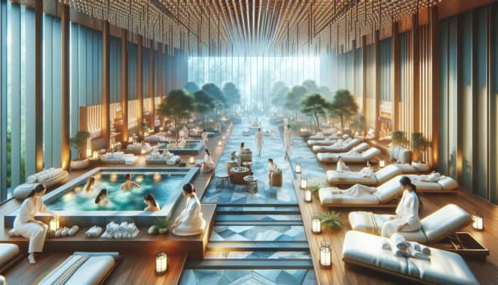 A serene Las Vegas spa featuring luxurious treatment rooms, tranquil lounges, and soothing saunas.