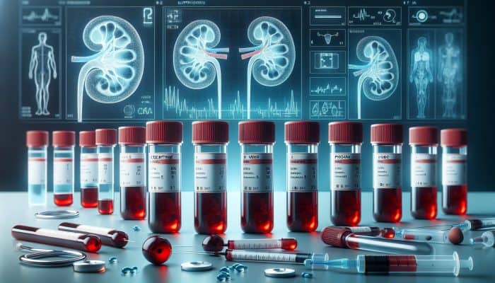 Illustration of kidney blood test vials labelled with creatinine, urea, and electrolytes, featuring kidney diagrams.