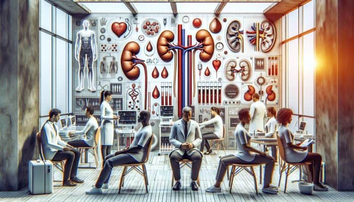 Diverse group receiving kidney blood tests in clinic, highlighting health awareness and prevention.