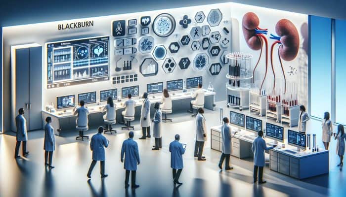 Modern Blackburn laboratory featuring advanced technology for accurate, less invasive kidney blood tests, focusing on biomarker research.