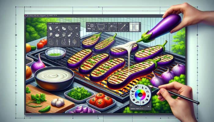 Sliced eggplants grilling on a barbecue, drizzled with tahini sauce, garnished with herbs, step-by-step guide in background.