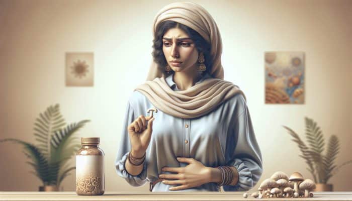 Person experiencing slight bloating, contemplative, holding mushroom supplements in a calm, neutral room.