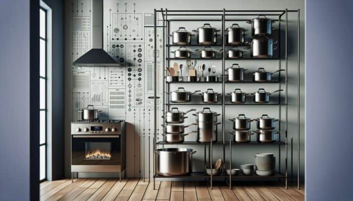 A compact kitchen with neatly organized, high-quality pots and pans on a modern rack.
