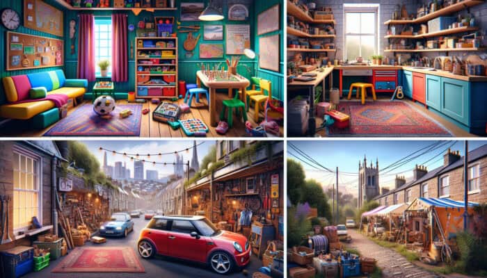 A vibrant collage of four successful garage clearances: playroom in Surrey, workshop in Manchester, yard sale in Edinburgh, upcycled decor in Bristol.